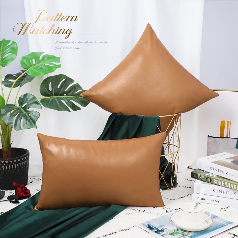 BRAWARM Faux Leather Throw Pillow Covers 20 X 20 Inches - Tan Leather Pilow Covers Pack of 2, Solid Dyed Leather Pillowcases for Couch Bed Sofa Garden Home Decorative - Image 3